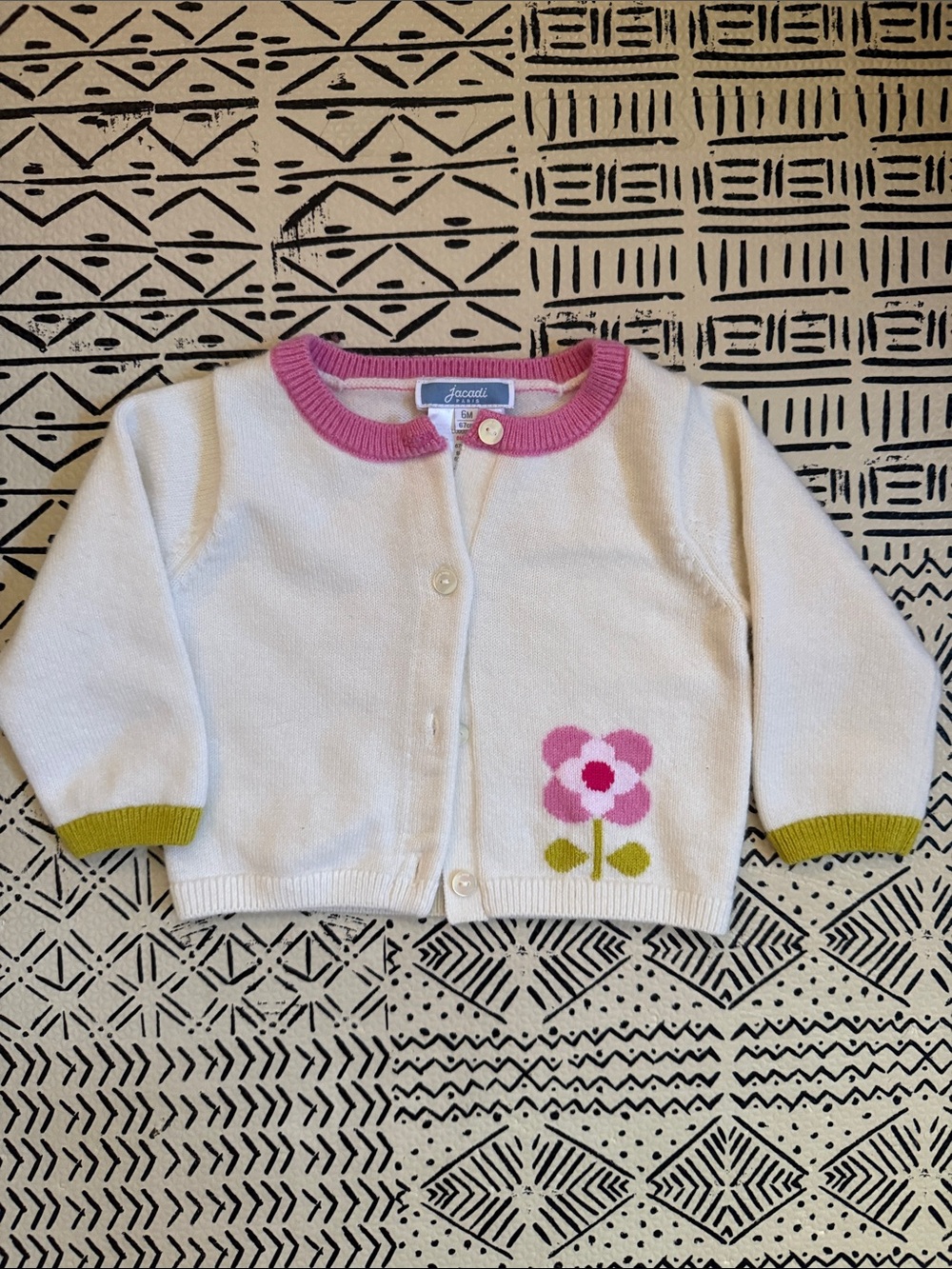 Jacadi Cream Knit Cardigan with Pink Trim and Green Accents